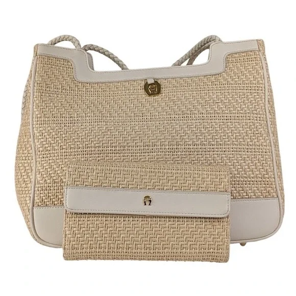 Vintage Etienne Aigner Woven Straw Shoulder Bag & Matching Wallet Braided Strap - Picture 1 of 4